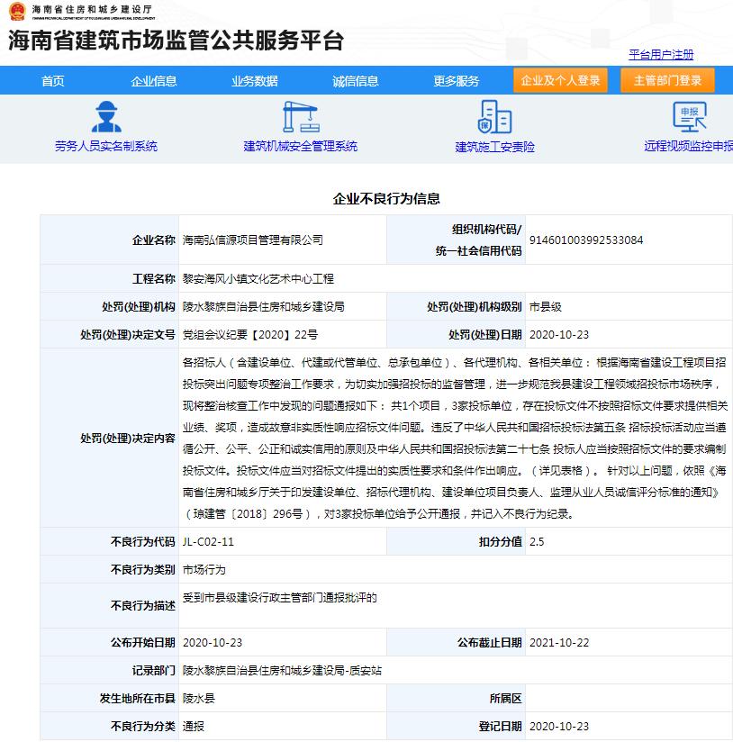 海南弘信源项目管理有限公司黎安海风小镇文化艺术中心工程违规招投标遭罚