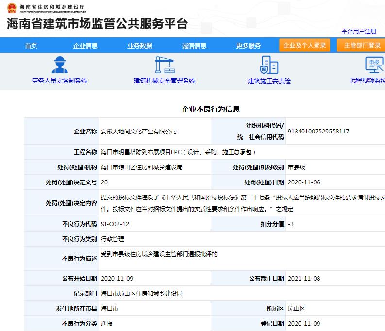 安徽天地间文化产业有限公司海口市明昌塔陈列布展项目违规招投标遭通报批评 扣3分