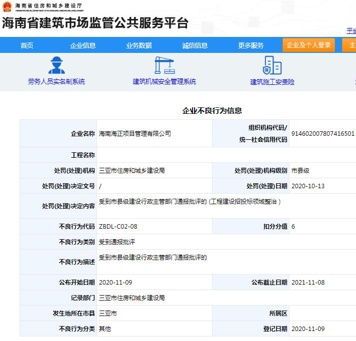 海南海正项目管理有限公司违规遭通报批评 被扣6分