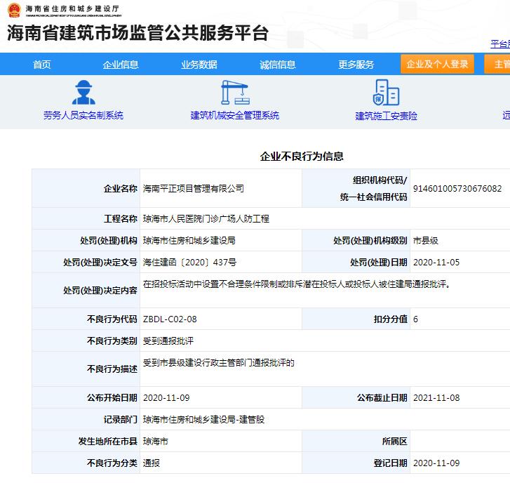 海南平正项目管理有限公司琼海市人民医院门诊广场人防工程违规招投标遭罚