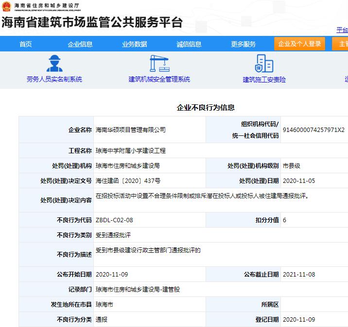 海南华硕项目管理有限公司琼海中学附属小学建设工程违规招投标遭罚