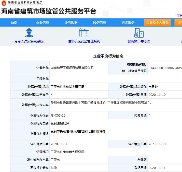 湖南和天工程项目管理有限公司违规招投标遭罚 被扣4分