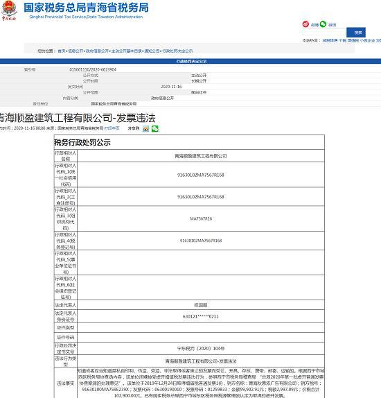 青海顺盈建筑工程有限公司因虚开发票遭罚款1万元