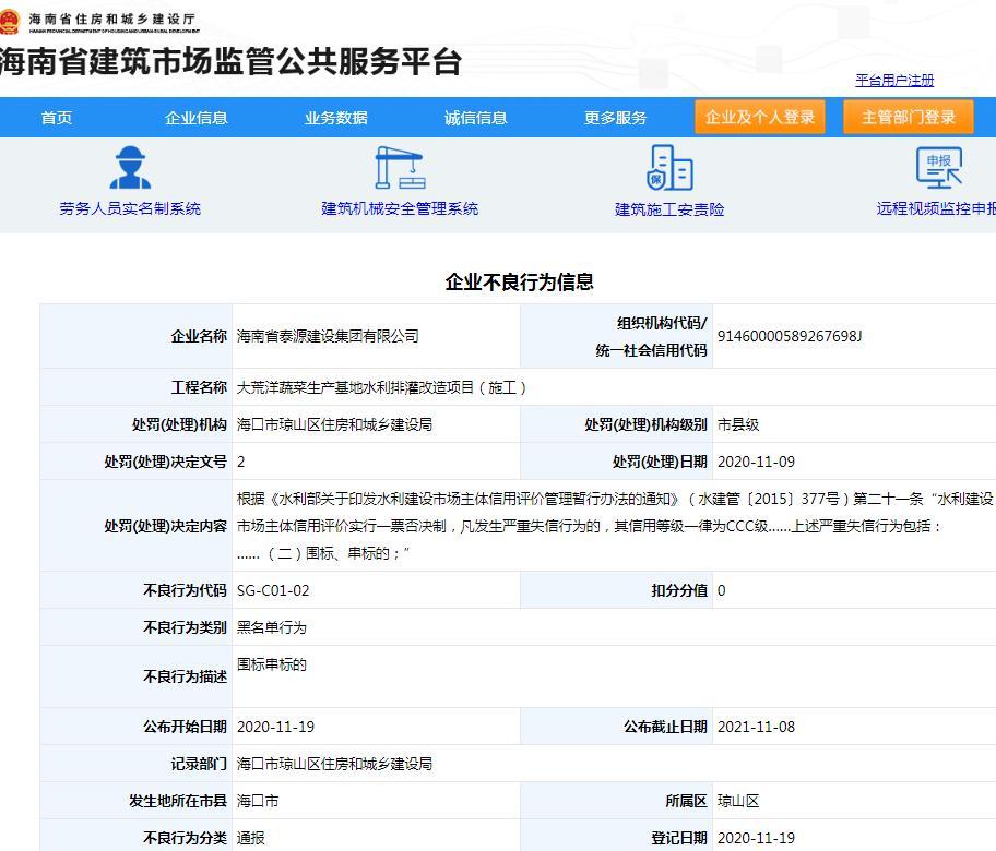 海南省泰源建设集团有限公司因围标串标被列入黑名单
