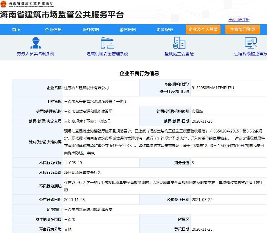 江苏合谷建筑设计有限公司三沙市一项目现场抽查不达标 诚信分扣3分