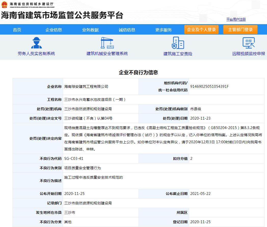 海南琼安建筑工程有限公司三沙市一项目现场抽查混凝土沟槽壁厚不达标 被扣诚信分数2分