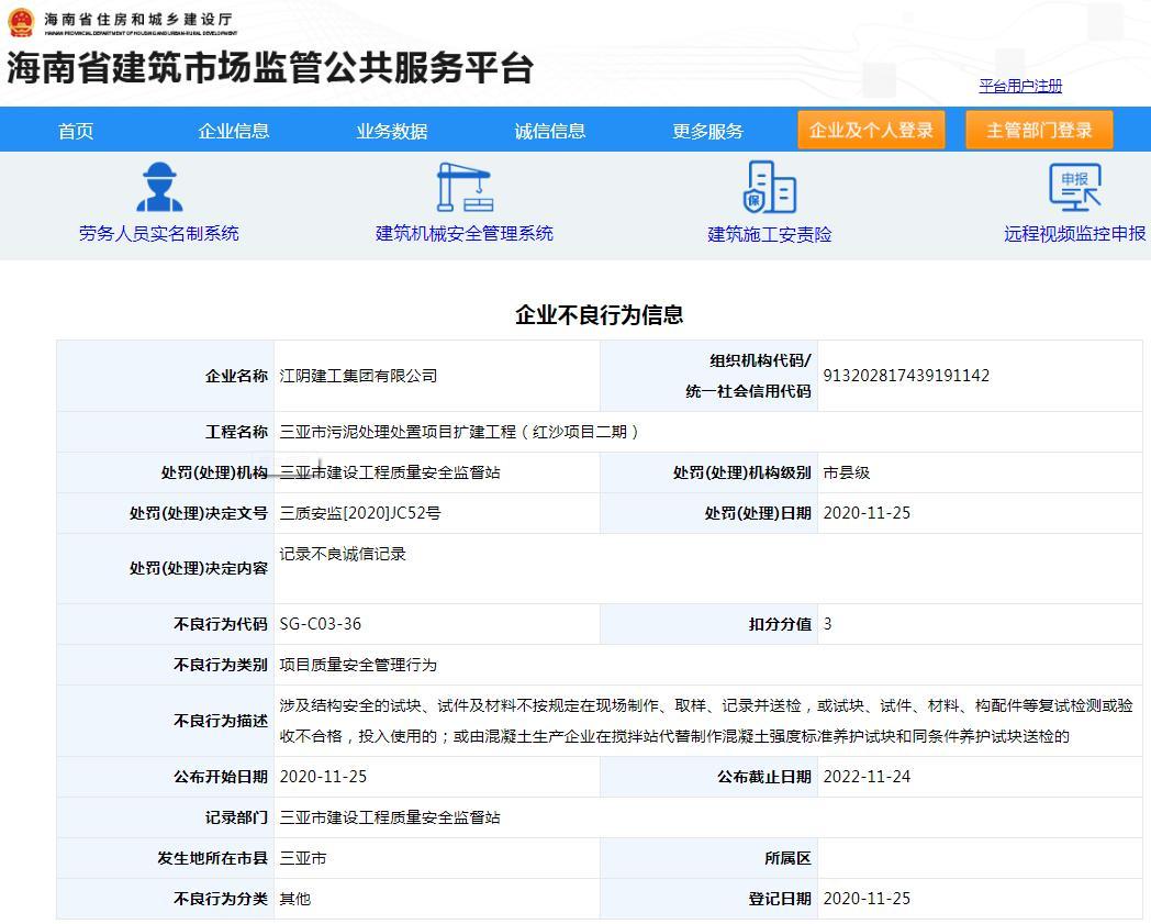 江阴建工集团有限公司一项目质量安全管理不合格 扣诚信分3分