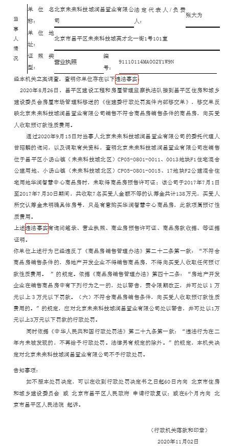 昌平华润智慧中心违法收预订款免罚 为华润置业项目