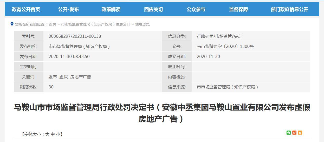 发布虚假广告 安徽中丞集团马鞍山置业被重罚195.165万元