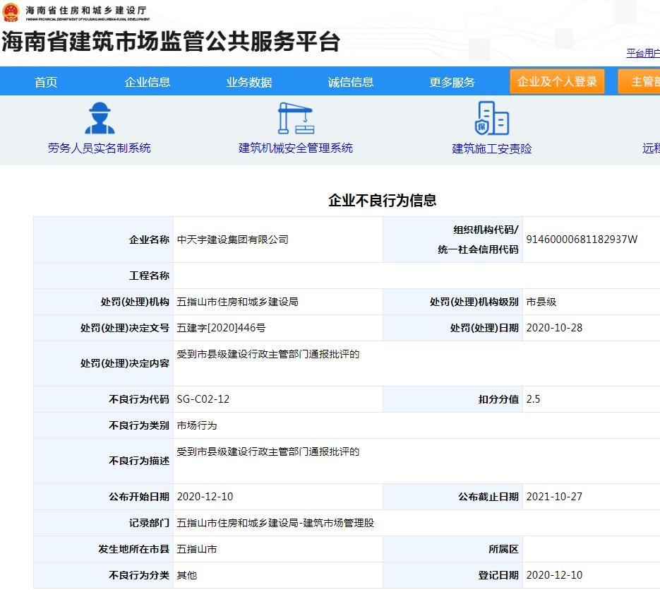 中天宇建设集团有限公司违规被通报批评 扣2.5分