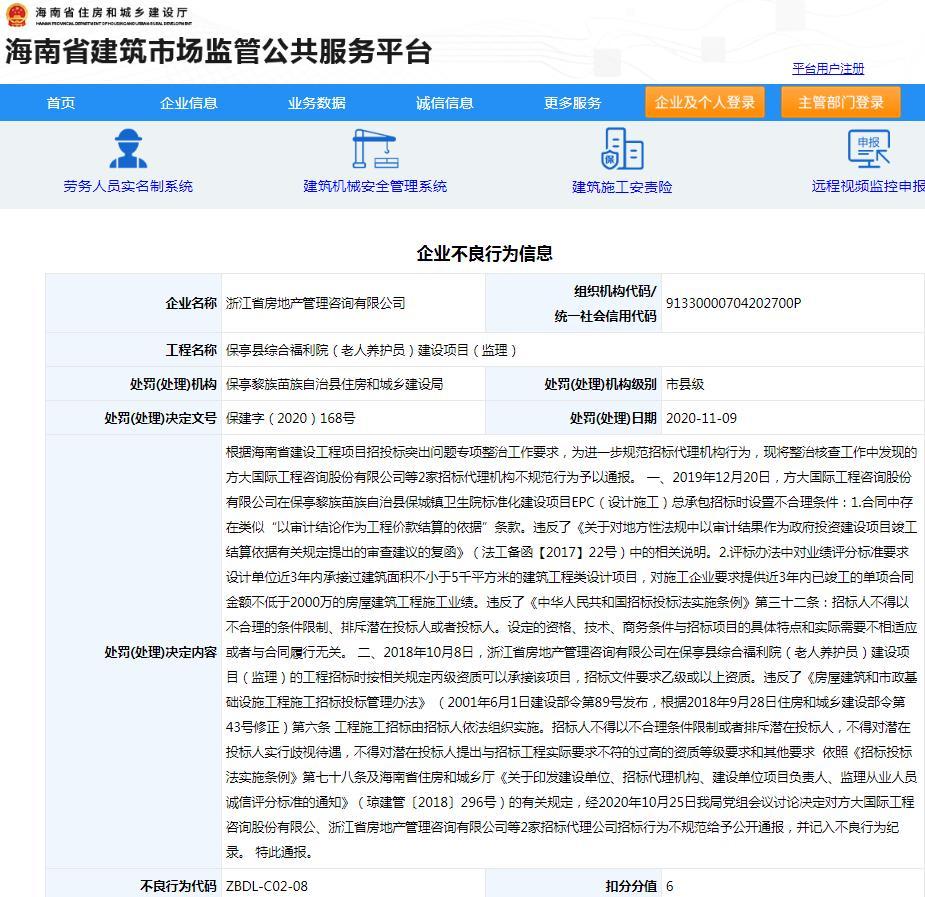 浙江省房地产管理咨询有限公司因保亭县综合福利院(老人养护员)建设项目招标行为不规范 被通报批评