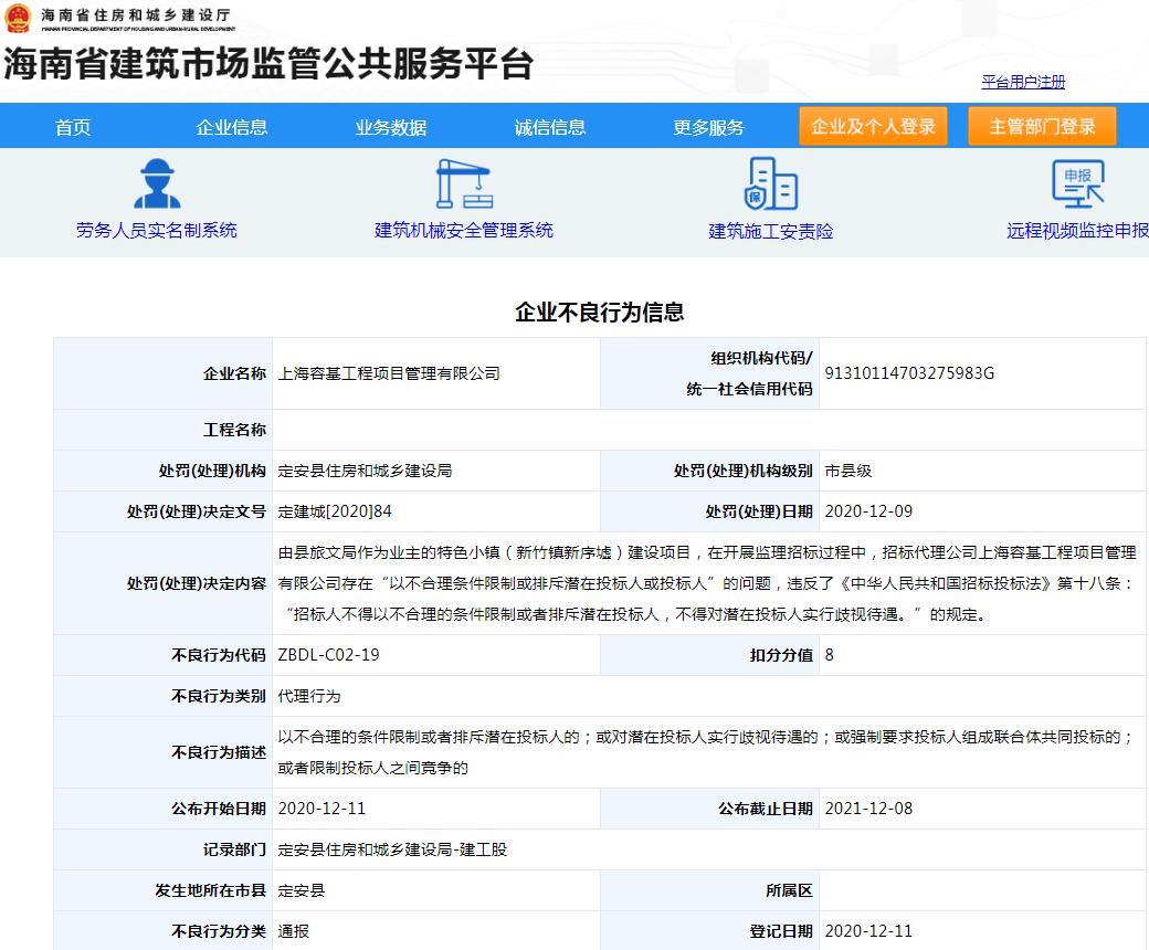 上海容基工程项目管理有限公司因新竹镇新序墟建设项目限制或排斥潜在投标人或投标人 被扣8分