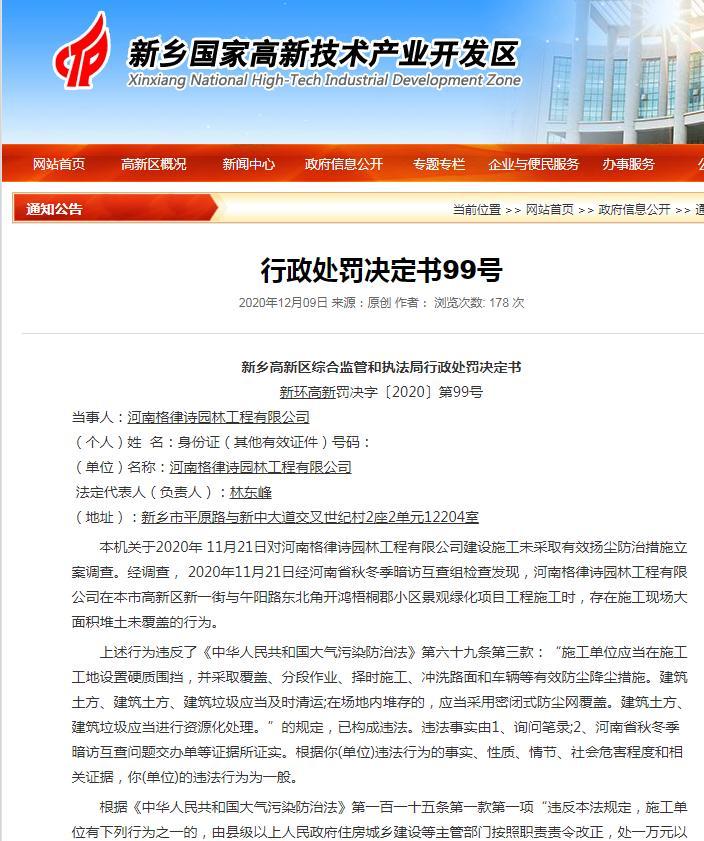 河南格律诗园林工程有限公司开鸿梧桐郡小区项目堆土未覆盖遭处罚