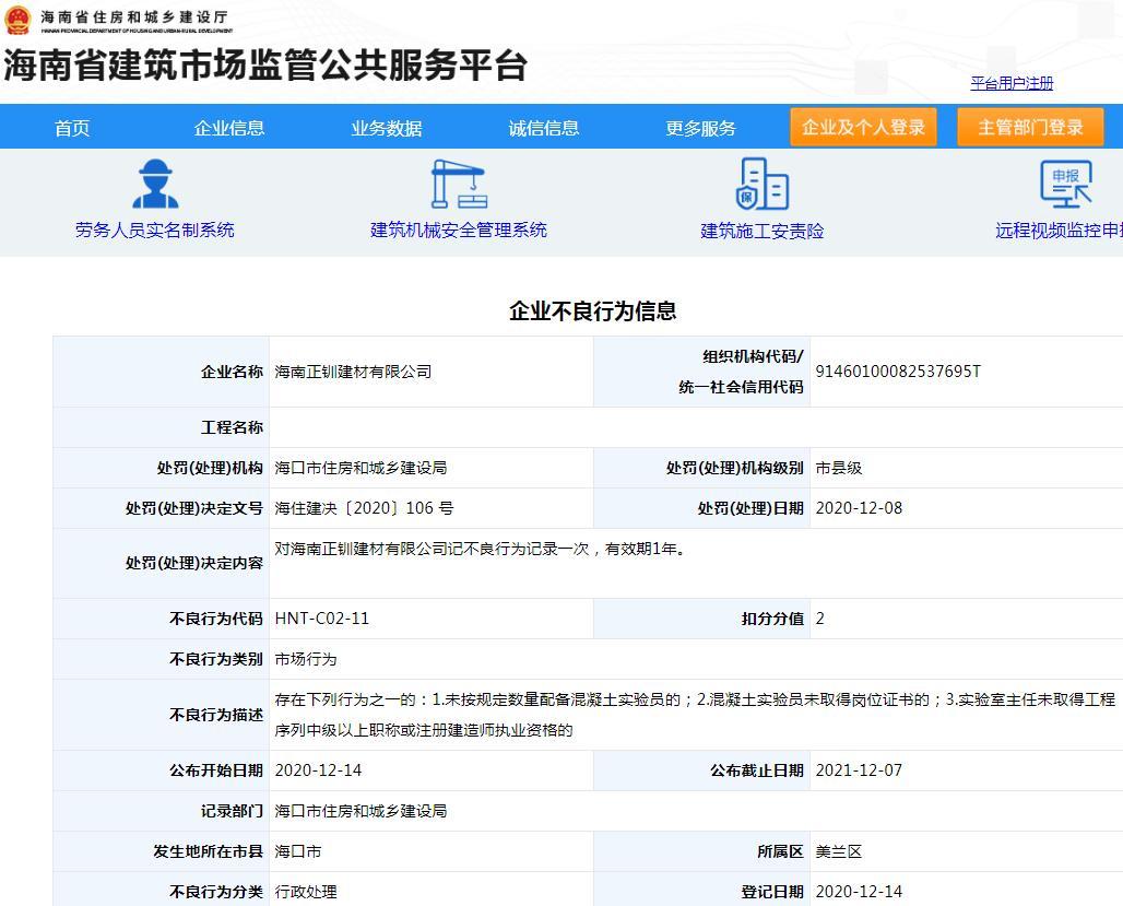 海南正钏建材有限公司市场行为违规被扣2分