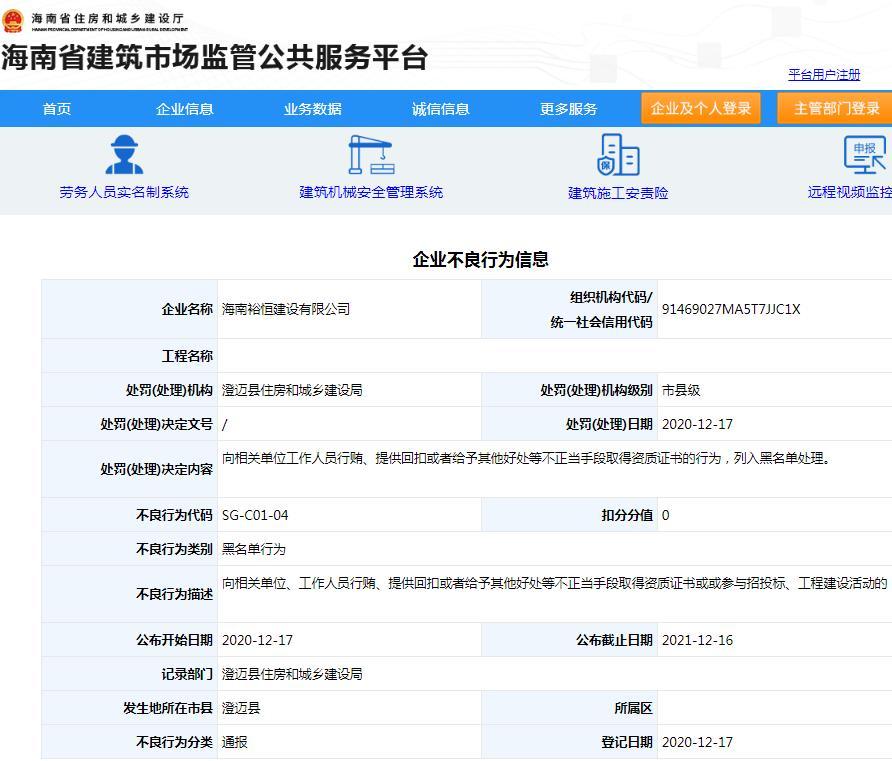海南裕恒建设有限公司以不正当手段取得资质证书被列入黑名单