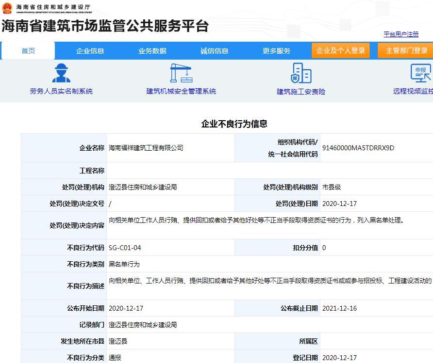 海南福祥建筑工程有限公司以不正当手段取得资质证书被列入黑名单