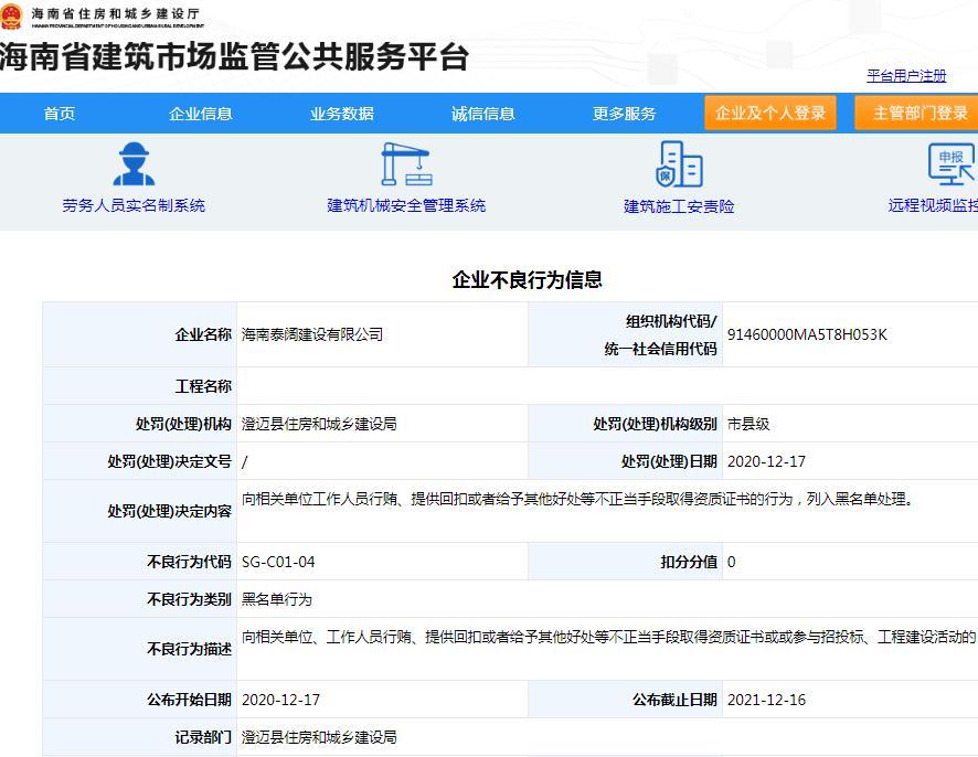 海南泰阔建设有限公司以不正当手段取得资质证书被列入黑名单
