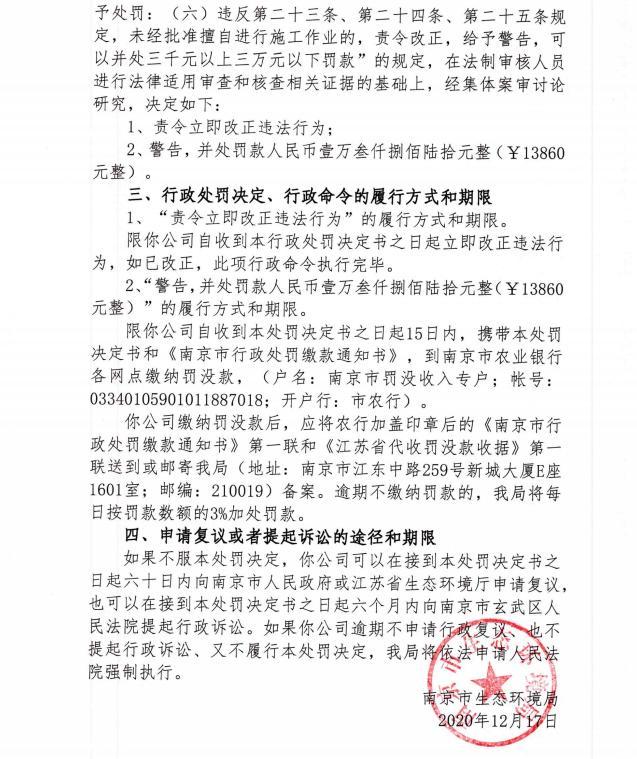 南京淳森基础工程有限公司未经审批夜间施工作业被责令整改并罚款1.386万元