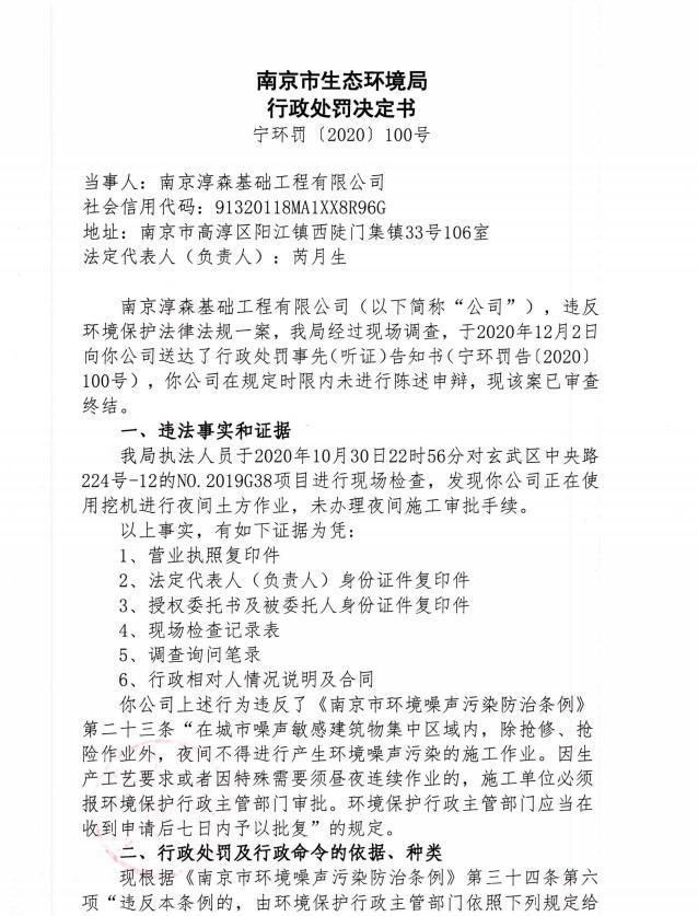 南京淳森基础工程有限公司未经审批夜间施工作业被责令整改并罚款1.386万元