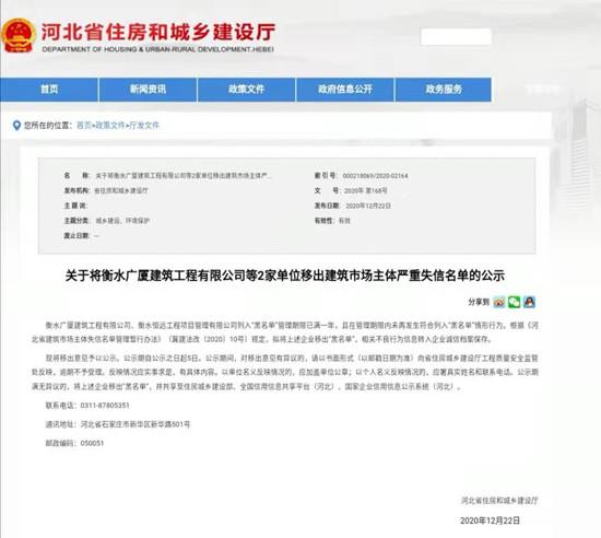 衡水广厦建筑工程有限公司等2家单位将移出建筑市场主体严重失信名单