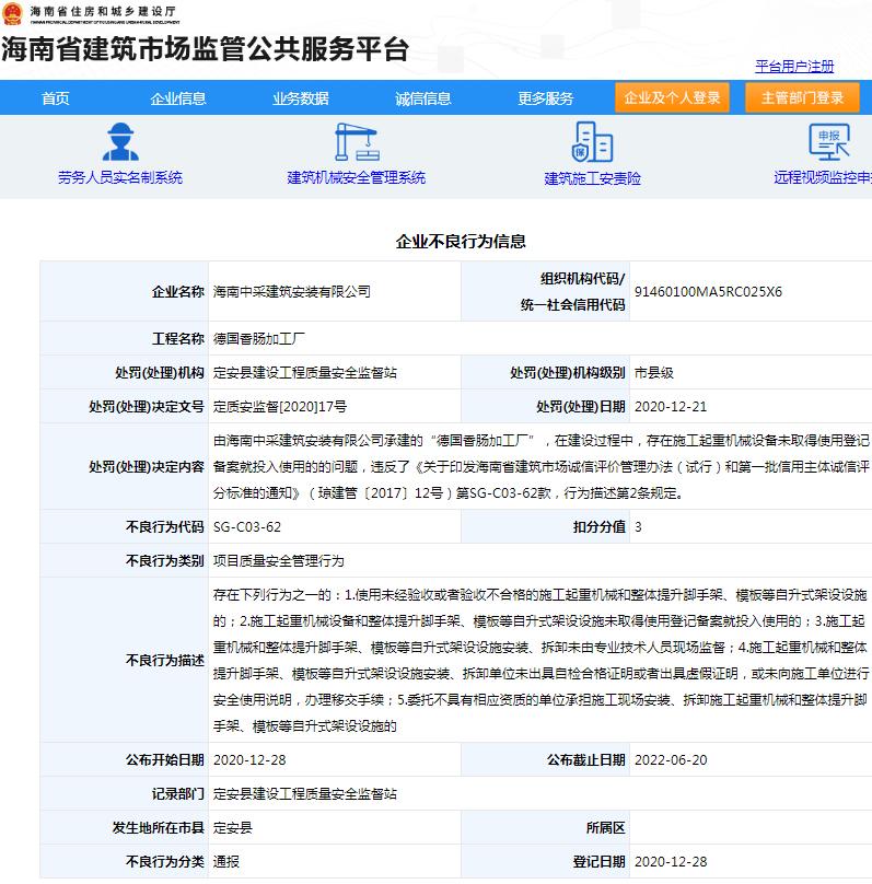 海南中采建筑安装有限公司一项目违规遭通报批评 被扣信用分数3分