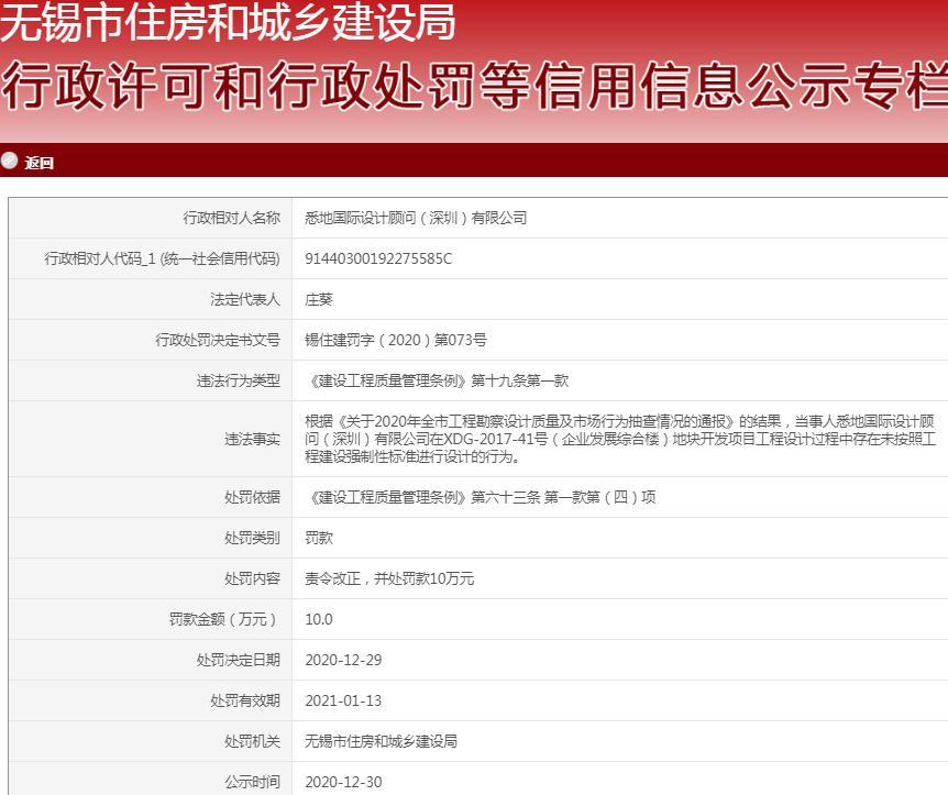 悉地国际设计顾问(深圳)有限公司未按照工程建设强制性标准设计被责令整改并罚款10万元