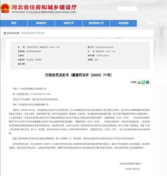 内丘县天厦建设工程有限公司因违反《危险性较大的分部分项工程安全管理规定》安全生产许可证被暂扣