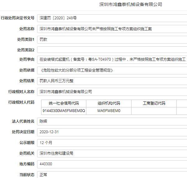 深圳市鸿鑫泰机械设备有限公司因未按照施工专项方案施工被罚3万元