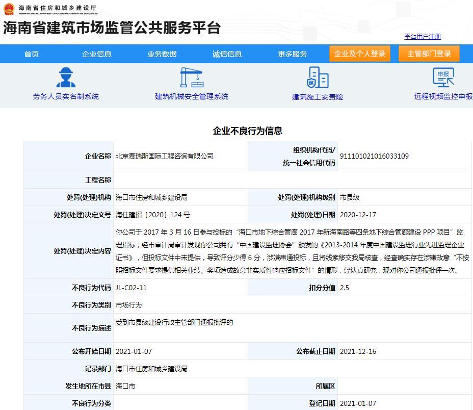 北京赛瑞斯国际工程咨询有限公司涉嫌串通投标被通报批评扣2.5分