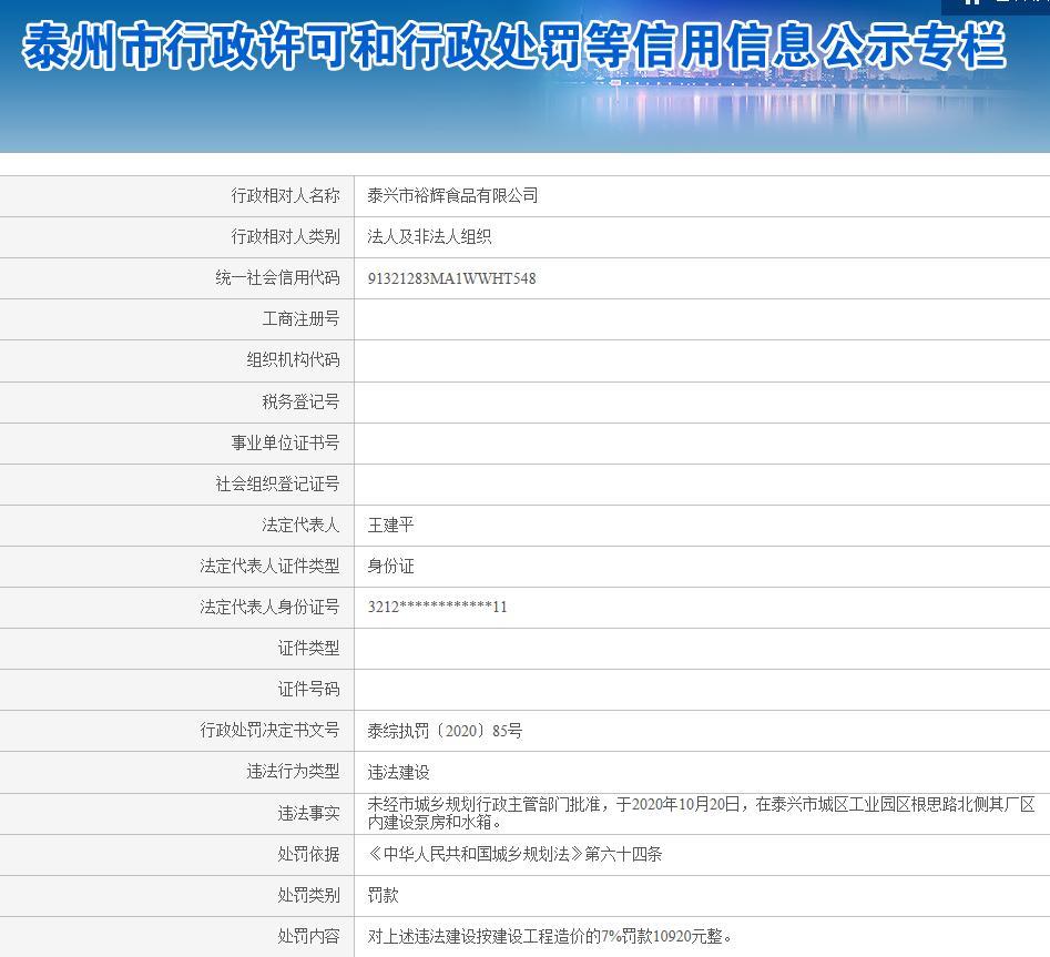 泰兴市裕辉食品有限公司因违法建设被罚款1.092万元