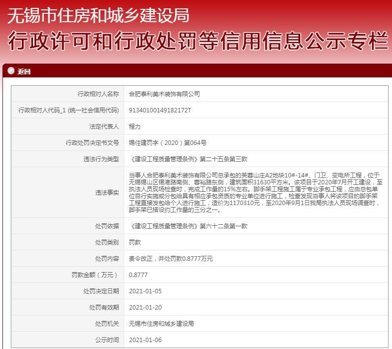 合肥泰利美术装饰有限公司将脚手架工程发包给个人被责令改正并罚款8777元