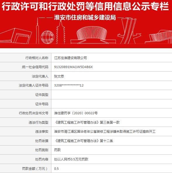 江苏龙淮建设有限公司因一项目涉嫌无证施工被罚5000元
