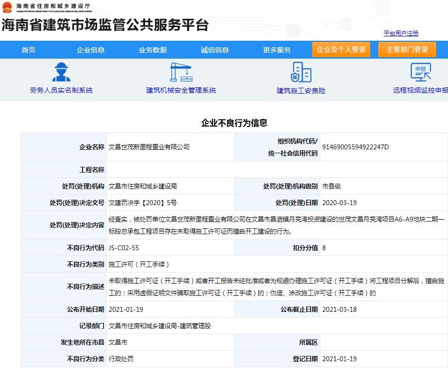 文昌世茂新里程置业有限公司因世茂文昌月亮湾项目无施工许可证擅自开工被扣8分