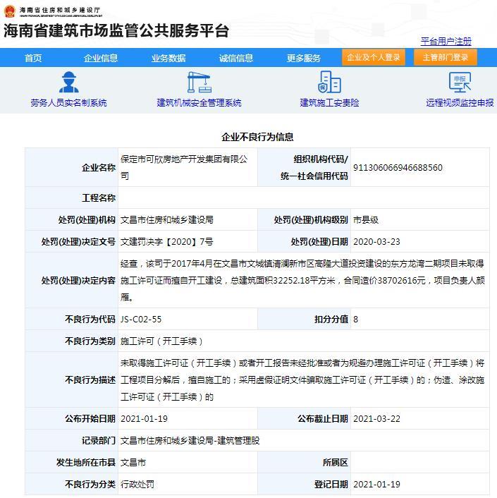 保定市可欣房地产开发集团有限公司因东方龙湾二期项目无施工许可证擅自开工被扣8分