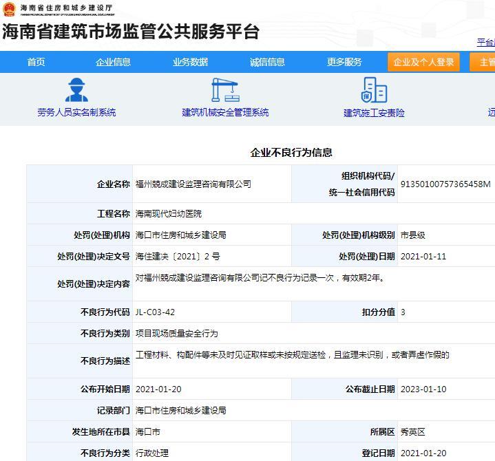 福州兢成建设监理咨询有限公司因一项目工程材料未及时见证取样被记不良行为扣3分