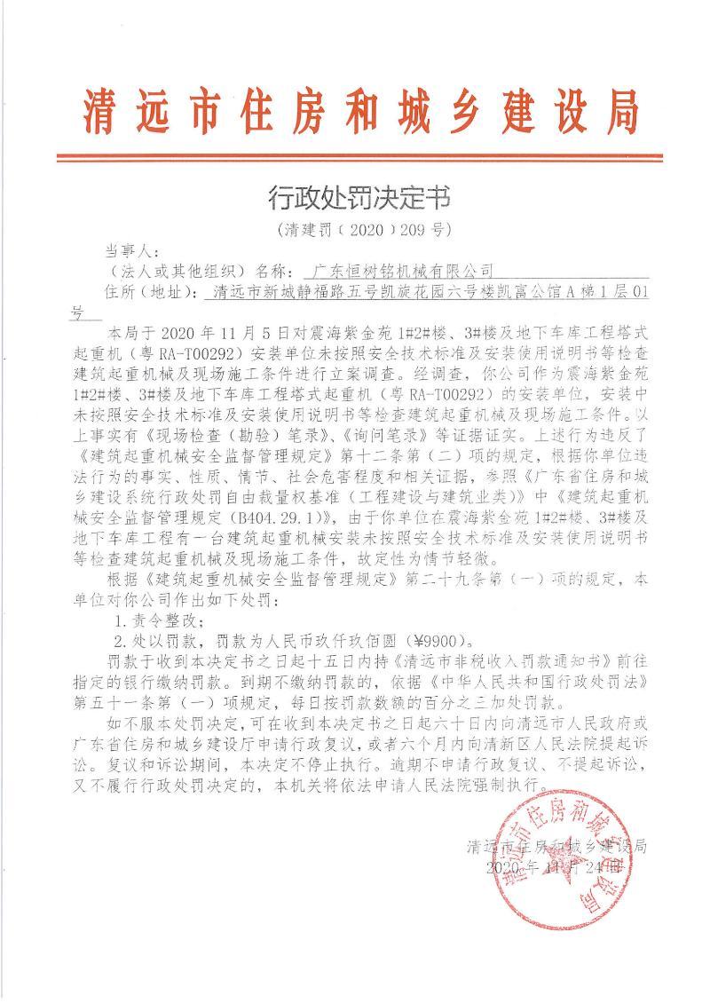 广东恒树铭机械有限公司未按标准检查建筑起重机械及现场条件被罚9900元