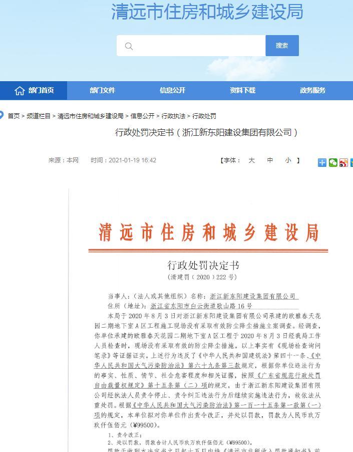 浙江新东阳建设集团有限公司一项目未采取有效防尘降尘措施被责令改正并罚款9.95万元