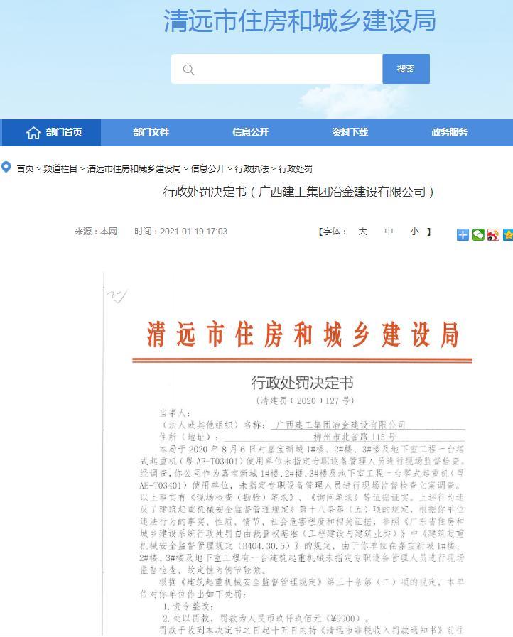 广西建工集团冶金建设有限公司施工现场无专职设备管理人员监督检查被罚9900元