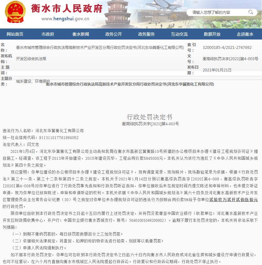 河北东华冀衡化工有限公司无建设工程规划许可证擅自施工被罚29.225万元