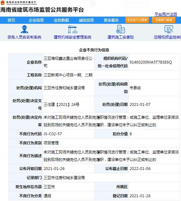 三亚海视鑫达置业有限责任公司因项目管理不到位被予以通报扣8分