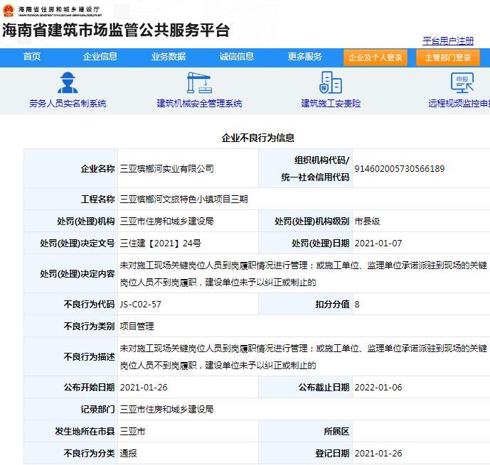 三亚槟榔河实业有限公司因项目管理不到位被予以通报扣8分