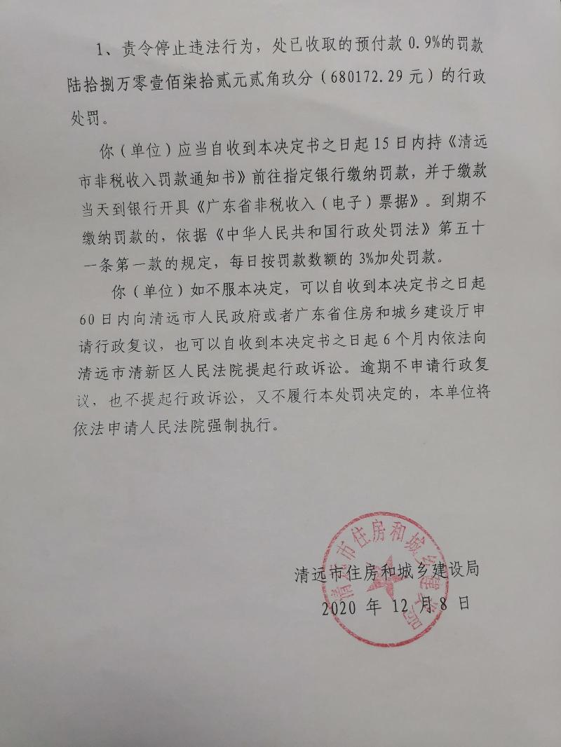 清远盘瑞房地产有限公司一项目无商品房预售许可证销售房屋收取预付款被罚68.017229万元