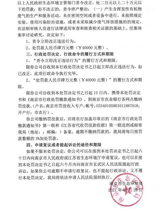 南京卓能包装科技有限公司露天喷漆作业被责令改正罚款4万元