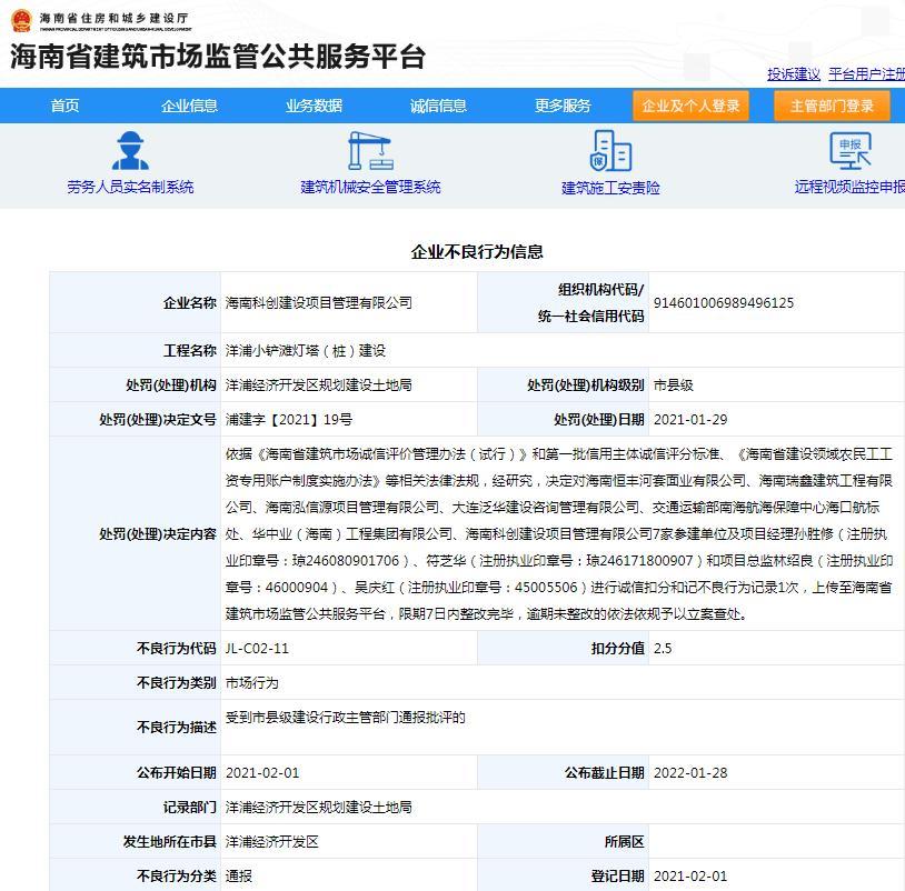 海南科创建设项目管理有限公司一项目违规被通报批评扣2.5分