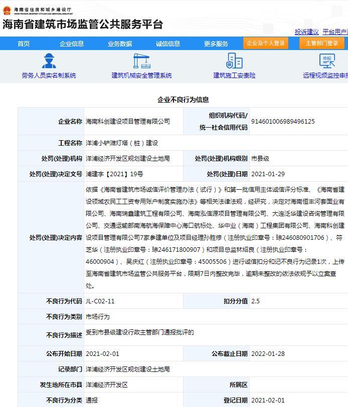 海南科创建设项目管理有限公司一项目违规被通报批评扣2.5分