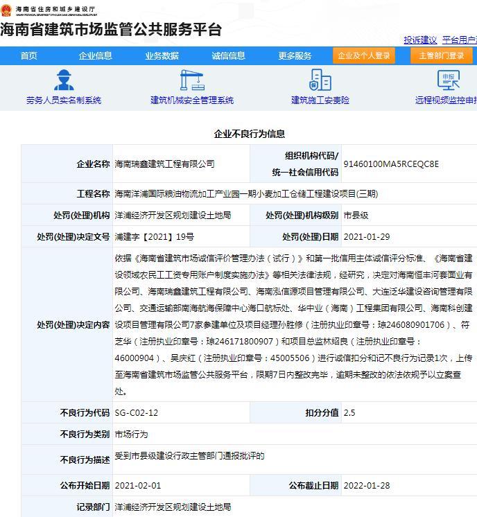 海南瑞鑫建筑工程有限公司因一项目违规被通报批评 扣2.5分