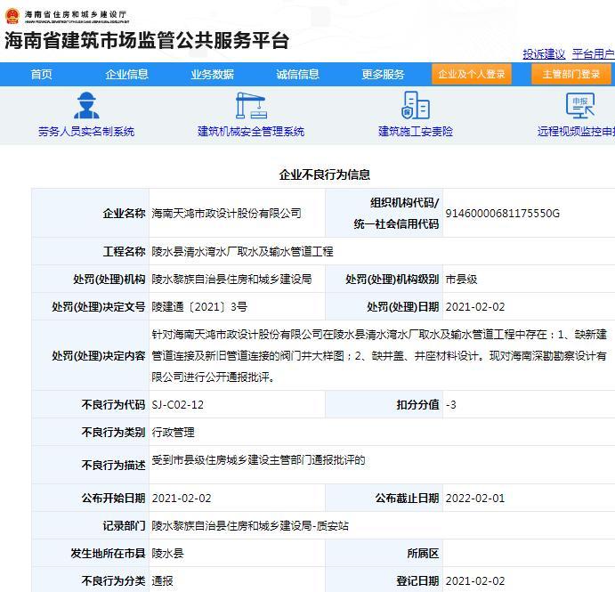 海南天鸿市政设计股份有限公司因一项目缺井盖材料设计等问题被通报批评 扣3分