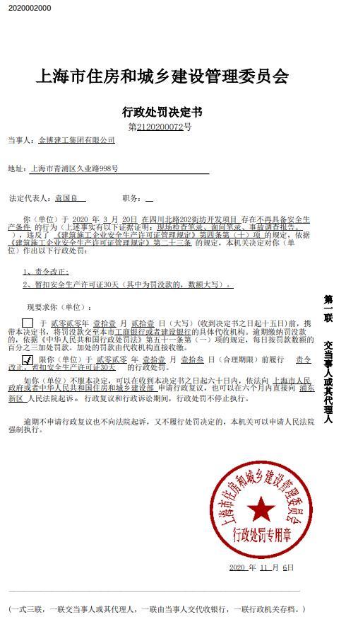 金博建工集团有限公司一项目因违规不再具备安全生产条件被暂扣安全生产许可证