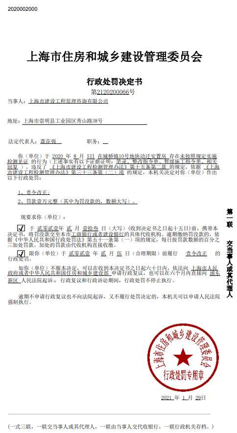 上海市建设工程监理咨询有限公司一项目未按照规定检测被责令改正并罚款1万元