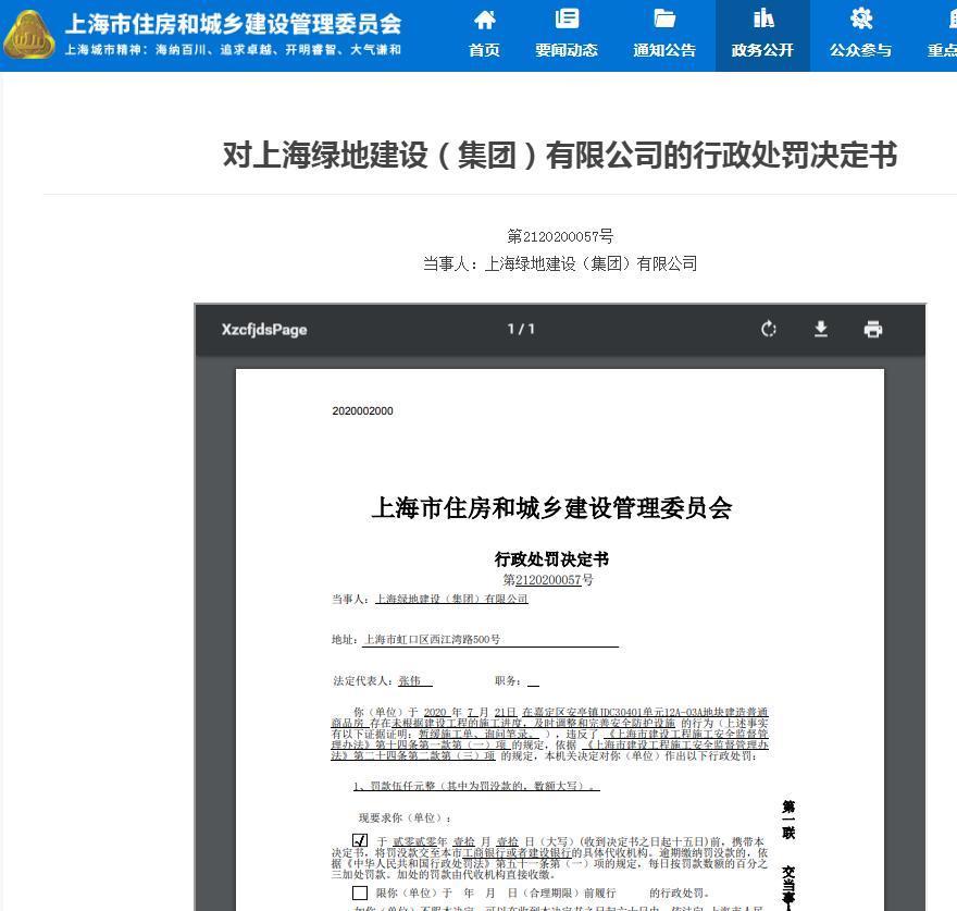 上海绿地建设(集团)有限公司因一项目未及时完善调整安全防护设施被罚5000元